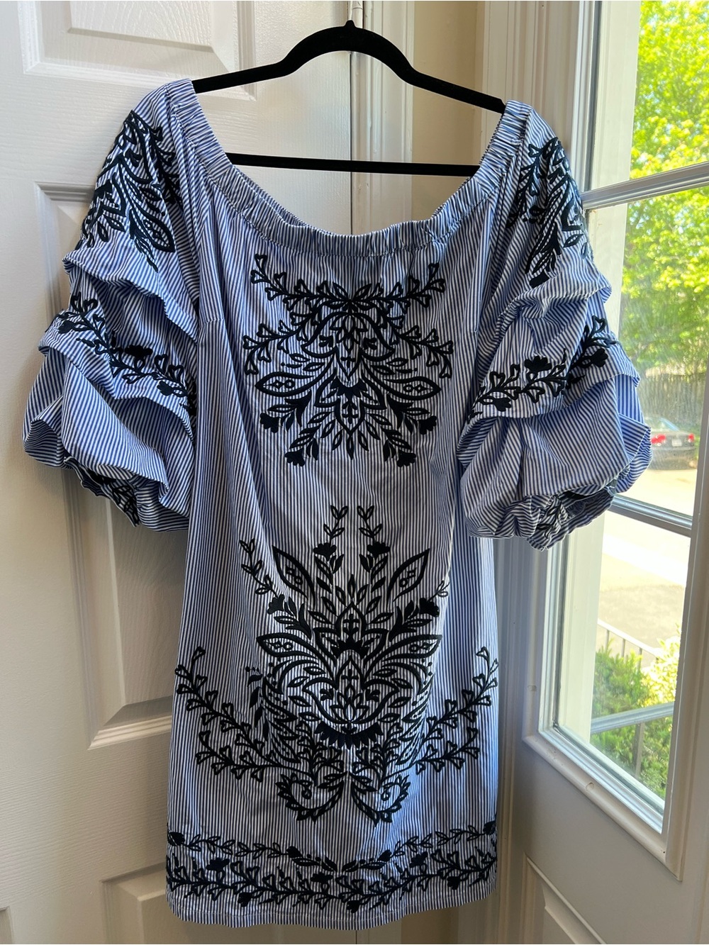 I.N.C Striped Blue Off the Shoulder Puff-Sleeve Embroidered Cotton Women’s Mini
